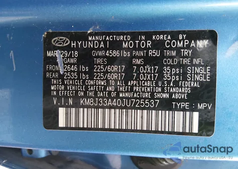 2018 Hyundai Tucson Sel z USA, uszkodzony, nr VIN KM8J33A40JU725537